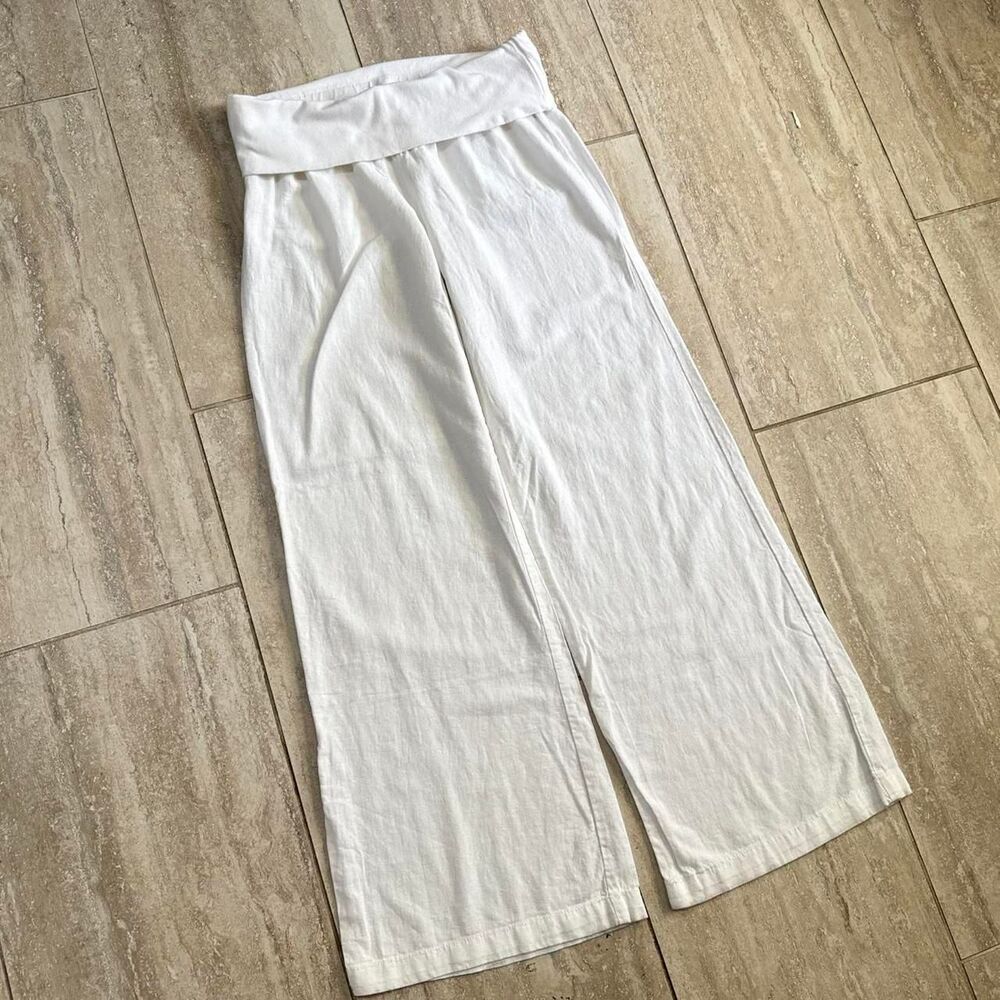 Gap Foldover Wide Leg Linen Pants M White Coastal Grandma Beach Lounge Y2K boho